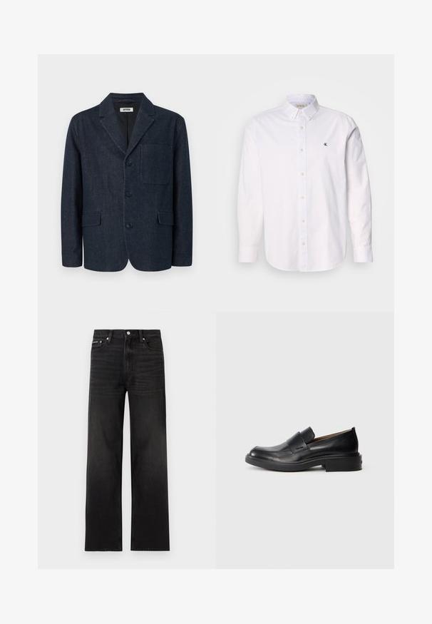 Donkerblauwe op maat gemaakte blazer met drie knopen, notch-revers, borstzak en twee voorzakken met klep, afgebeeld op een witte achtergrond.; Witte button-up shirt gemaakt van katoen, met een klassieke kraag, lange mouwen en een klein CK-logo op de linkerborst. Glad oppervlak.; Zwarte jeans met rechte pijpen, vijf zakken, riemlussen en knoopsluiting, weergegeven op een witte achtergrond.; Zwarte leren instap schoenen met een lage hak en subtiel Calvin Klein-logo aan de zijkant, weergegeven in profiel op een witte achtergrond.