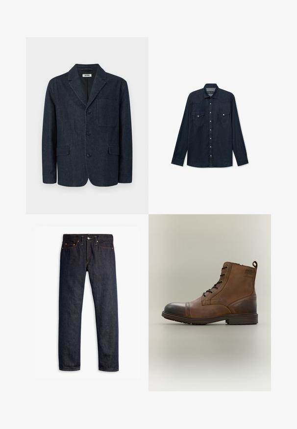 Donkerblauwe op maat gemaakte blazer met drie knopen, notch-revers, borstzak en twee voorzakken met klep, afgebeeld op een witte achtergrond.; Donkerblauwe denim shirt met lange mouwen, knoopsluiting aan de voorkant, twee klepborstzakken met knopen en een klassieke kraag.; Donkerblauwe spijkerbroek met een rechte pasvorm, vijf zakken, koperen klinknagels, gele stiksels en een duidelijke textuur in de stof.; Bruine leren enkellaars met veters, zwarte neuskap, ronde zool en merkdetail aan de zijkant tegen een effen achtergrond.