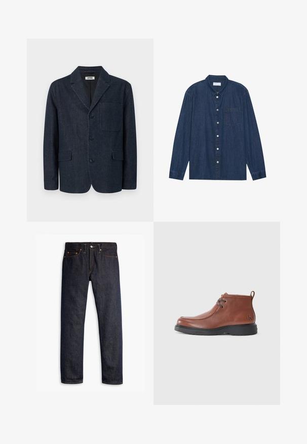 Dunkelblauer, maßgeschneiderter Blazer mit drei Knöpfen, rechtem Revers, Brusttasche und zwei vorderen Pattentaschen, dargestellt auf weißem Hintergrund.; Dunkelblaue Jeanshemd mit langen Ärmeln, knöpfbarem Vorderteil, kragenförmigem Halsauschnitt und einer Brusttasche. Mit silbernen Knopfakzenten.; Dunkelblaue Jeans aus Denim mit geradem Schnitt, fünf Taschen-Design, kupfernen Nieten, gelben Nähten und einem ausgeprägten strukturierten Stoff.; Braune Lederstiefeletten mit runder Zehenpartie, Schnürdetails und einer schwarzen Gummisohle. Auffälliges Logo an der Ferse und kontrastierende Nähte.