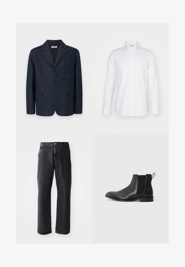 Donkerblauwe op maat gemaakte blazer met drie knopen, notch-revers, borstzak en twee voorzakken met klep, afgebeeld op een witte achtergrond.; Witte blouse met lange mouwen van katoen, voorzien van een kraag, knopen aan de voorkant en een getailleerde snit met zijsplitten aan de onderkant.; Zwarte denim jeans met een rechte pijp, voorzien van een knoopsluiting, vijf zakken en een subtiele textuur. Klassiek ontwerp zonder opvallende patronen.; JOOP! PERO KLEITOS CHELSEA - Lage laarzen - black