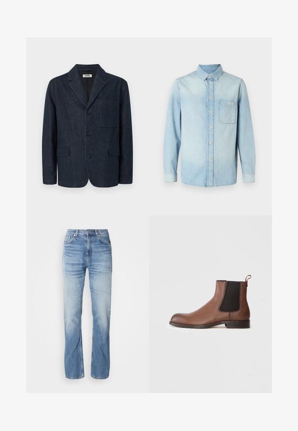 Mørkeblå skræddersyet blazer med tre knapper, notch revers, brystlomme og to forlommer med klap, vist på en hvid baggrund.; Lyseblå denimskjorte med lange ærmer, knappet front, krave og en enkelt brystlomme. Glat tekstur og klassisk design.; Lyseblå denimjeans med lige ben, slidt finish, fem lommer og knaplukning. Klassisk design og medium tykkelse.; Brune læder Chelsea-støvle med en tekstureret overflade, elastiske sidepaneler og en trækflig. Har en gummisål for bedre trækkraft.