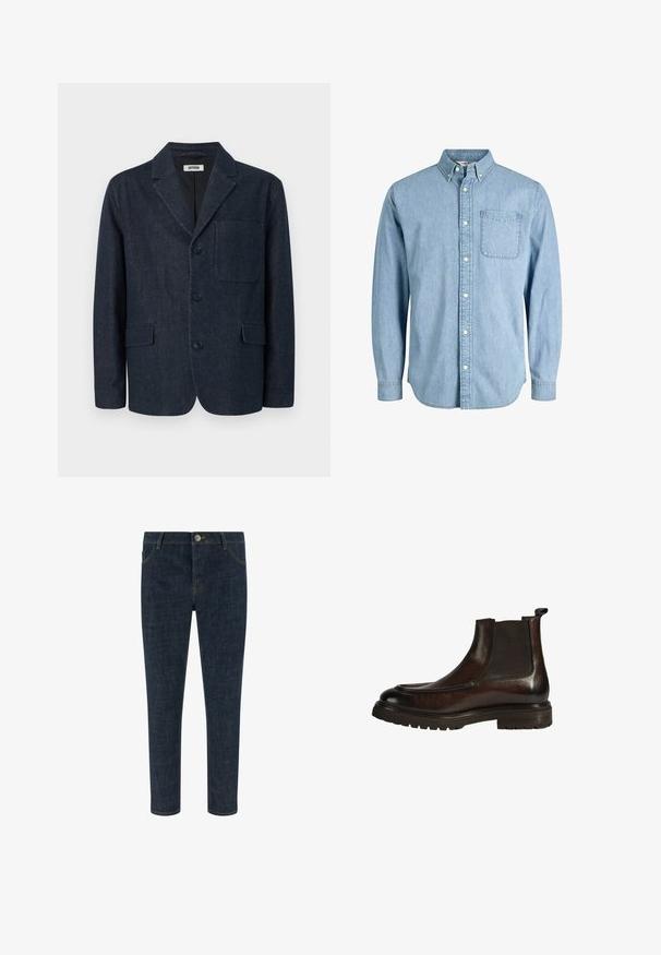 Donkerblauwe op maat gemaakte blazer met drie knopen, notch-revers, borstzak en twee voorzakken met klep, afgebeeld op een witte achtergrond.; Lichtblauw denim overhemd met knopen, lange mouwen, een kraag, een borstzakje en een subtiele textuur. Voorzien van witte knopen langs het knoopsluiting.; Donkerblauwe slim-fit spijkerbroek met voorzakken, broekriemlussen en een metalen knoopsluiting in de taille.; Bruine leren chelsea boots met elastische zijkanten, ronde neus en een gestructureerde rubberen zool, met een strakke, gepolijste afwerking.