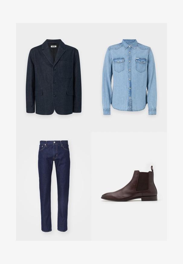 Donkerblauwe op maat gemaakte blazer met drie knopen, notch-revers, borstzak en twee voorzakken met klep, afgebeeld op een witte achtergrond.; Lichtblauwe spijkerblouse met lange mouwen, puntige kraag en knoopsluiting met drukknoop. Voorzien van twee borstzakken met kleppen. Rechthoekige snit.; Marineblauwe denim spijkerbroek met een rechte pasvorm, vijf-pocket ontwerp, contrasterende oranje stiksels en een zilveren knoopsluiting aan de taille.; Zign LEATHER - Lage laarzen - brown