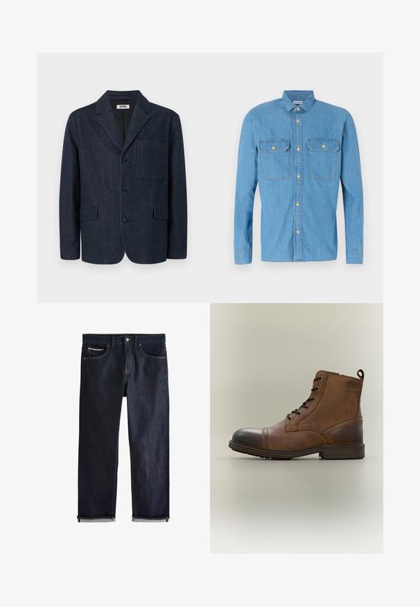 Dunkelblauer, maßgeschneiderter Blazer mit drei Knöpfen, rechtem Revers, Brusttasche und zwei vorderen Pattentaschen, dargestellt auf weißem Hintergrund.; Helles, blaues Jeanshemd mit langen Ärmeln, Knopfleiste, zwei Brusttaschen, spitzem Kragen und goldenen Knöpfen. Glatte Textur, lässiges Design.; Dunkelblaue Jeans aus Denim mit klassischem geradem Schnitt, fünf Taschen, Knopfverschluss und umgeschlagenen Bündchen, die eine hellblaue Innenseite zeigen.; Brauner Leder-Schnürstiefel bis zum Knöchel mit schwarzer Zehenkappe, runder Sohle und Markenlabel an der Seite vor schlichtem Hintergrund.