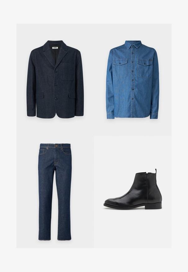 Dunkelblauer, maßgeschneiderter Blazer mit drei Knöpfen, rechtem Revers, Brusttasche und zwei vorderen Pattentaschen, dargestellt auf weißem Hintergrund.; Denimhemd in mittlerem Blau, langärmlig, mit Knopfverschluss, zwei Brusttaschen und einem Kragen. Mit einem Logo auf der Vorderseite.; Dunkelblaue Jeans aus Denim mit geradem Bein, ausgestattet mit einem Knopfverschluss, fünf Taschen und kontrastierenden Nähten.; Zign by Zalando Stiefelette - black