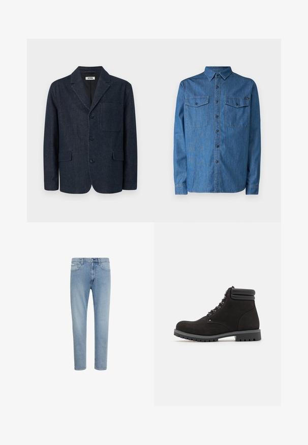 Dunkelblauer, maßgeschneiderter Blazer mit drei Knöpfen, rechtem Revers, Brusttasche und zwei vorderen Pattentaschen, dargestellt auf weißem Hintergrund.; Denimhemd in mittlerem Blau, langärmlig, mit Knopfverschluss, zwei Brusttaschen und einem Kragen. Mit einem Logo auf der Vorderseite.; Hellblaue Jeans mit geradem Bein, Knopf- und Reißverschluss, Gürtelschlaufen sowie Vorder- und Gesäßtaschen.; Schwarze Wildleder-Stiefelette mit gepolstertem Kragen, grauer Gummisohle, runder Zehenpartie und metallischen Ösen für die Schnürsenkel. Strukturierte Oberseite und langlebiges Design.