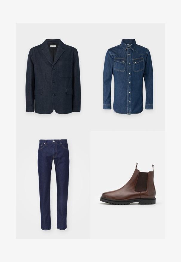 Blazer azul oscuro hecho a medida con tres botones, solapa con muesca, bolsillo en el pecho y dos bolsillos frontales con solapa, mostrado sobre un fondo blanco.; Jack & Jones JJIRENO JJSHIRT - Camisa - blue denim; Vaqueros de denim azul marino con corte recto, diseño de cinco bolsillos, costuras en naranja contrastante y un cierre de botón plateado en la cintura.; Botín Chelsea de cuero marrón con paneles laterales elásticos, punta redondeada y suela de goma texturizada, que incluye lengüetas para facilitar su puesta.