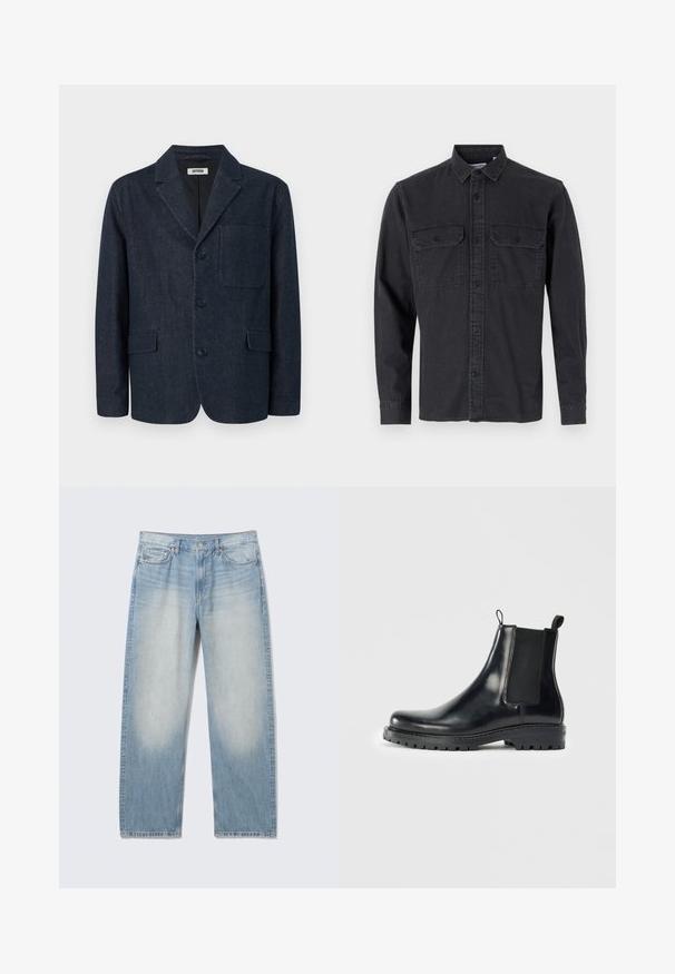Dunkelblauer, maßgeschneiderter Blazer mit drei Knöpfen, rechtem Revers, Brusttasche und zwei vorderen Pattentaschen, dargestellt auf weißem Hintergrund.; Langärmliges, dunkelgraues Hemd mit Knöpfen aus Baumwollmischung, das über zwei Brusttaschen und ein klassisches Kragendesign verfügt.; Hellblaue Straight-Leg Denim-Jeans mit verblassten vorderen Oberschenkeln, Fünf-Taschen-Stil, Knopfverschluss und Gürtelschlaufen.; Schwarze Leder-Chelsea-Stiefel mit elastischen Seitenpaneelen, einer Schlaufe für einfaches Anziehen und einer robusten Gummisohle mit strukturiertem Grip.