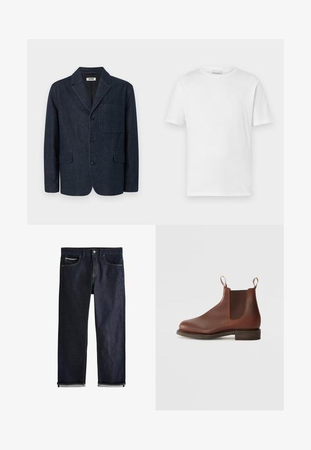 Dunkelblauer, maßgeschneiderter Blazer mit drei Knöpfen, rechtem Revers, Brusttasche und zwei vorderen Pattentaschen, dargestellt auf weißem Hintergrund.; Weißes T-Shirt mit kurzen Ärmeln aus Baumwolle. Hat einen runden Halsausschnitt und einen geraden Saum. Keine Muster oder Verzierungen. Einfaches Design.; Dunkelblaue Jeans aus Denim mit klassischem geradem Schnitt, fünf Taschen, Knopfverschluss und umgeschlagenen Bündchen, die eine hellblaue Innenseite zeigen.; Braune Leder Chelsea-Stiefel mit elastischen Seiteneinsätzen, Zugschlaufe und niedrigem Blockabsatz. Glatte Textur mit runder Spitze und minimaler Gestaltung.