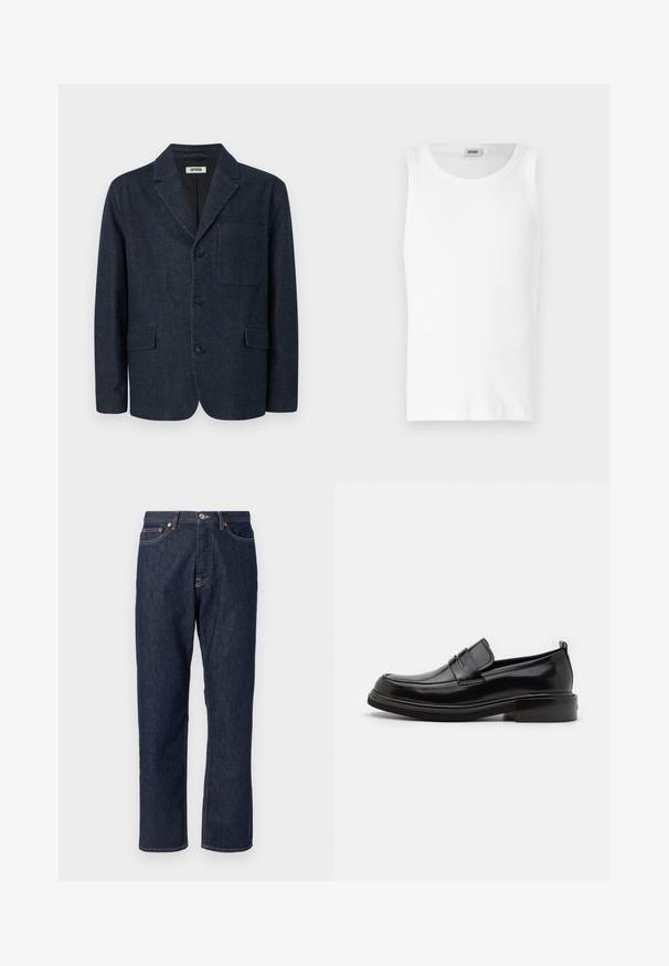 Dunkelblauer, maßgeschneiderter Blazer mit drei Knöpfen, rechtem Revers, Brusttasche und zwei vorderen Pattentaschen, dargestellt auf weißem Hintergrund.; Weißes Baumwoll-Tanktop ohne Ärmel mit Rundhalsausschnitt und glatter Textur. Einfaches Design, ohne Muster oder Akzente.; Dunkelblaue Denimjeans mit geradem Bein-Design. Verfügt über einen Knopf- und Reißverschluss, fünf Taschen und Kontrastnähte.; Calvin Klein MOCCASIN - Business-Slipper - black