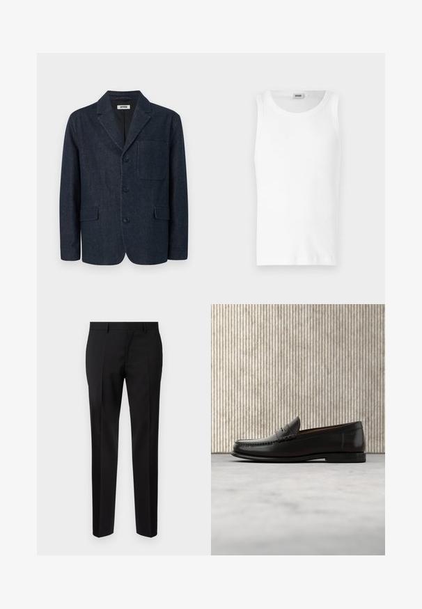 Blazer azul oscuro hecho a medida con tres botones, solapa con muesca, bolsillo en el pecho y dos bolsillos frontales con solapa, mostrado sobre un fondo blanco.; Camiseta sin mangas de algodón blanco con cuello redondo y una textura suave. Diseño sencillo, sin patrones ni acentos.; Pantalones negros de corte ajustado, hechos de una tela suave, con pernera recta, detalles de pinzas refinadas y una cinturilla clásica con ojales para cinturón.; Mocasín penny de cuero negro con tacón bajo, punta redondeada y detalles cosidos en la parte delantera y los laterales, mostrado sobre un fondo neutro.