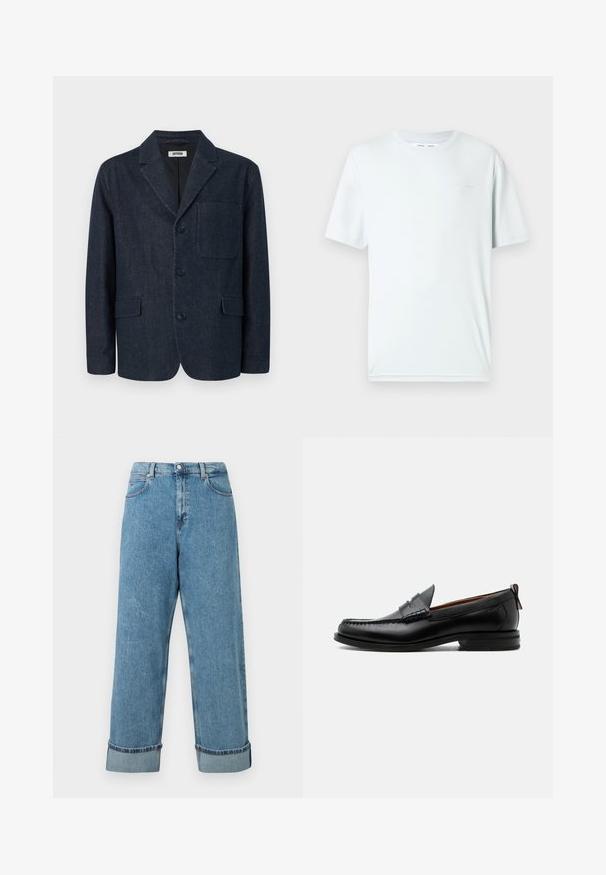 Donkerblauwe op maat gemaakte blazer met drie knopen, notch-revers, borstzak en twee voorzakken met klep, afgebeeld op een witte achtergrond.; Lichtblauw katoenen T-shirt met een ronde hals, korte mouwen en minimalistische geborduurde branding op de borst. Soepele textuur, eenvoudig ontwerp.; Hoge taille blauwe denim jeans met wijde benen en opgerolde mouwen, met voorzakken en riemlussen.; Zwarte leren herensloffen met moc toe stiksel, pennyriem, gestructureerde kraag en lage gestapelde hak op witte achtergrond.