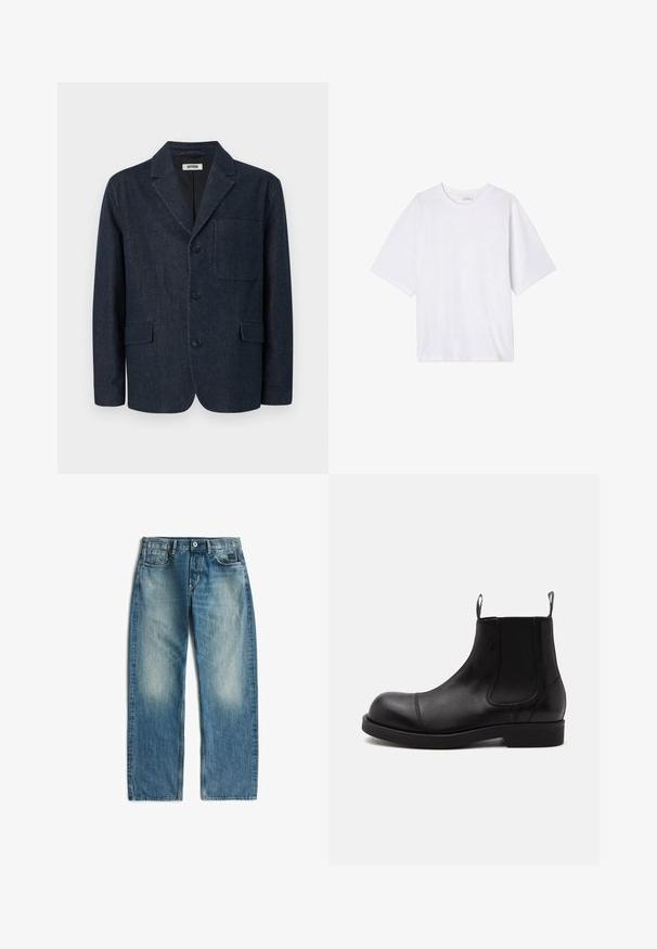 Dunkelblauer, maßgeschneiderter Blazer mit drei Knöpfen, rechtem Revers, Brusttasche und zwei vorderen Pattentaschen, dargestellt auf weißem Hintergrund.; Weißes T-Shirt mit kurzen Ärmeln aus weichem Stoff. Hat einen runden Ausschnitt und eine lässige Passform mit geradem Saum. Keine Muster oder Hardware.; Blaue Denim-Jeans mit geradem Bein, vorderem Knopf und Reißverschluss, Fünf-Taschen-Design und ausgebleichten Stellen an Oberschenkeln und Knien.; Schwarzer Chelsea-Boot aus Leder mit abgerundeter Spitze, elastischen Seiteneinsätzen, Zugschlaufen vorn und hinten, flacher Sohle, seitlich auf weißem Hintergrund abgebildet.