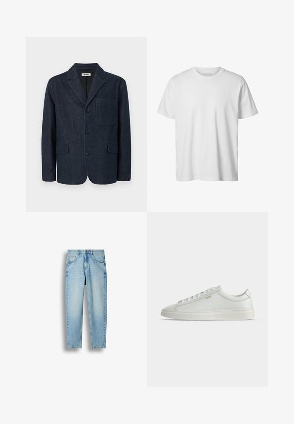 Mørkeblå skræddersyet blazer med tre knapper, notch revers, brystlomme og to forlommer med klap, vist på en hvid baggrund.; Enkelt hvid T-shirt med korte ærmer og rund hals, løs pasform og uden synlige logoer eller designs foran.; Lyseblå lige ben denimjeans med fem lommer og knaplukning, vist mod en hvid baggrund.; Hvid lavtop lædersneakers med snørebånd, flad sål og lille gyldent "BOSS" logo på siden, set fra ydersiden.