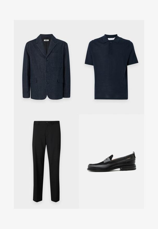 Donkerblauwe op maat gemaakte blazer met drie knopen, notch-revers, borstzak en twee voorzakken met klep, afgebeeld op een witte achtergrond.; Marineblauwe polo t-shirt van zacht materiaal, met korte mouwen, klassieke kraag, drieknoopsluiting en een ontspannen pasvorm.; Zwarte op maat gemaakte broek met een platte voorkant, standaard taille en rechte pijpen. Gemaakt van een gladde stof, met een enkele knoopsluiting.; Zwarte leren loafer met grijs riemdetailelement, lage hak en gestructureerde zool, aan de zijkant gebrandmerkt met "HUGO" in goud.