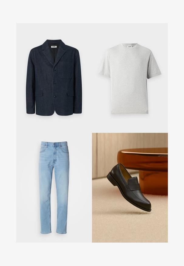 Dunkelblauer, maßgeschneiderter Blazer mit drei Knöpfen, rechtem Revers, Brusttasche und zwei vorderen Pattentaschen, dargestellt auf weißem Hintergrund.; Graues T-Shirt mit kurzen Ärmeln aus weichem Stoff. Besitzt einen Rundhalsausschnitt, einen lockeren Schnitt und keine Muster oder Logos. Glatte Textur über das gesamte Shirt.; Hellblaue Jeans mit geradem Schnitt, fünf Taschen und Gürtelschlaufen. Der Stoff hat eine glatte Textur mit einem leichten Verblassungseffekt.; Schwarzer Leder-Loafer mit niedrigem Absatz, der über einem beigen Teppichboden nahe einem runden braunen Tisch schwebt.