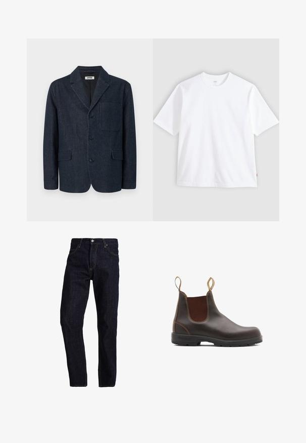 Blazer azul oscuro hecho a medida con tres botones, solapa con muesca, bolsillo en el pecho y dos bolsillos frontales con solapa, mostrado sobre un fondo blanco.; Camiseta blanca de manga corta hecha de algodón, con cuello redondo y corte recto. Etiqueta visible en el dobladillo lateral inferior.; Vaqueros de mezclilla azul oscuro con un corte recto, que presentan costuras amarillas, cinco bolsillos y un cierre clásico de botón y cremallera.; Botas Chelsea de cuero marrón con paneles laterales elásticos y tiradores. Parte superior texturizada, suela de goma duradera y detalle de costura en contraste.