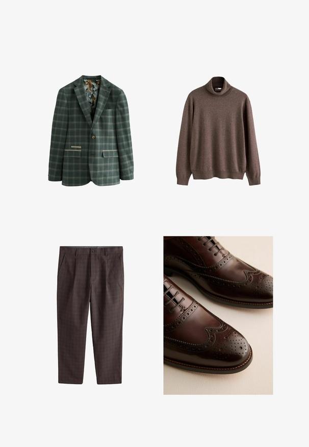 Blazer vert à carreaux avec un bouton unique, présentant une doublure intérieure à motifs de tigres, deux poches avant et un col classique.; Pull à col roulé marron en tissu doux. Il présente des manches longues et une coupe décontractée, avec des détails côtelés au col et à l'ourlet.; Pantalon habillé marron pour homme avec un motif à carreaux subtil, fermeture par bouton, poches latérales et passants de ceinture, posé à plat sur fond blanc.; Paire de chaussures brogues en cuir marron foncé avec perforations décoratives et lacets sur une surface claire.
