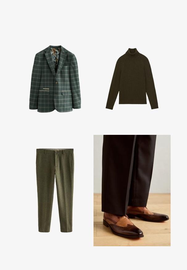 Blazer vert à carreaux avec un bouton unique, présentant une doublure intérieure à motifs de tigres, deux poches avant et un col classique.; Pull à col roulé en maille torsadée de couleur vert olive foncé, avec des manches longues et des bords côtelés, posé à plat sur un fond blanc.; Pantalons en tweed vert avec un motif en chevrons, dotés d'une fermeture à bouton, de passants de ceinture et de poches latérales. Texture lisse, coupe ajustée.; Chaussures en cuir marron avec un design brogue comportant des perforations, un bout pointu et un dessus contrastant en tan, associées à un pantalon sombre.