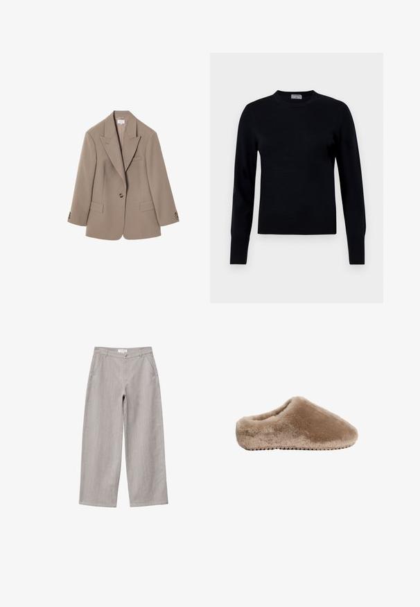 Brun skræddersyet blazer med knapkrave, to frontlommer, enkelt knaplukning og detaljer i guldfarvet hardware. Klassisk pasform.; Sort striktrøje med rund hals og lange ærmer. Har en glat tekstur og ribbede manchetter, der giver en klassisk pasform og design.; Lysegrå bukser med vide ben, forlommer, bæltestropper og knaplukning i taljen.; Brun fuzzy slippers med en rund tå, blød tekstur og uden hæl. Har en holdbar sål med tekstureret greb til traction.
