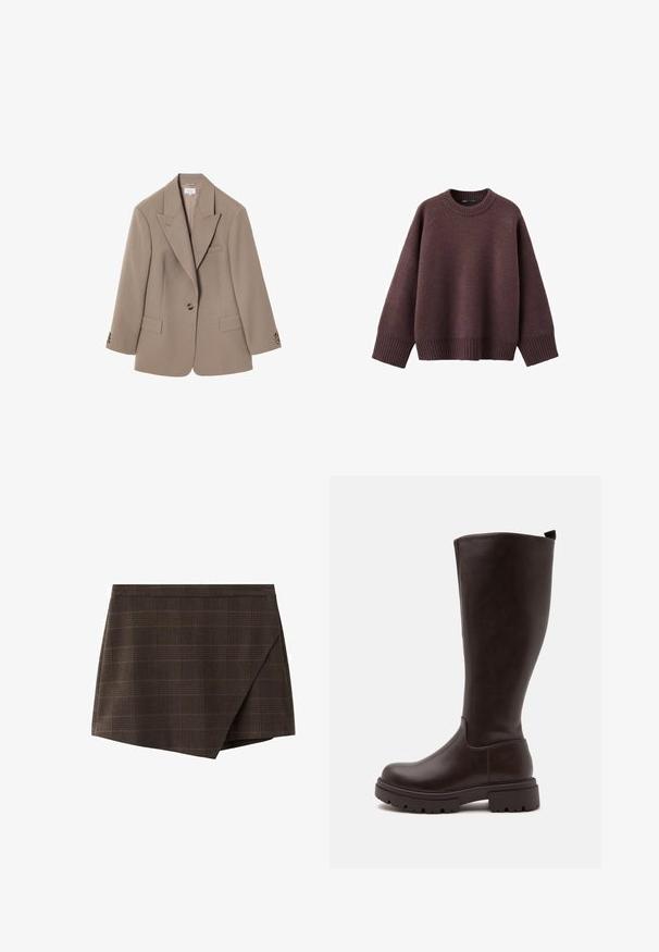Brun skræddersyet blazer med knapkrave, to frontlommer, enkelt knaplukning og detaljer i guldfarvet hardware. Klassisk pasform.; Løs pasform sweater i mørk bordeaux, lavet af blødt strikket stof. Har en ribstrikket rund hals, vide ærmer og en ribstrikket kant.; Brun ternet slå-om-nederdel med struktureret design, indsatte taljebånd og en let skråtstillet kant, lavet af tekstureret stof.; Høj mørkebrun læderstøvle med kraftig sål og trækflap bagpå, vist fra siden på hvid baggrund.
