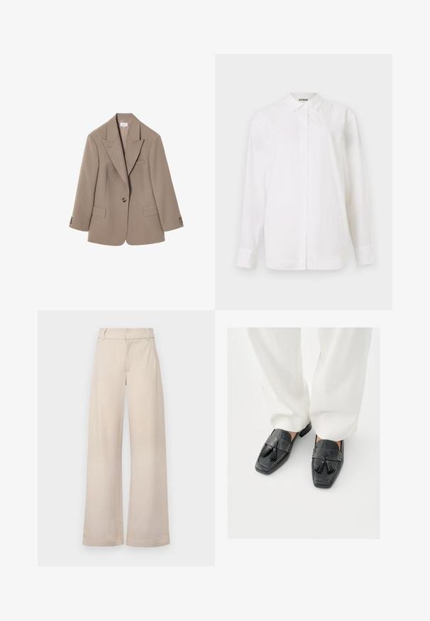 Brun skræddersyet blazer med knapkrave, to frontlommer, enkelt knaplukning og detaljer i guldfarvet hardware. Klassisk pasform.; Hvid skjorte med knap-lukning lavet af glat stof. Har en klassisk krave, lange ærmer og en lige pasform uden synlige mønstre eller udsmykninger.; JDY JDYGEGGO LIFE OCCASION PANT JRS NOOS - Bukser - chateau gray; Sorte læderloafer med kvaster, firkantede tæer og dekorative syninger, kombineret med hvide bukser med vide ben.