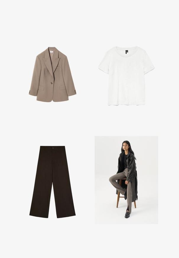 Blazer marron sur mesure avec un col à revers, deux poches avant, fermeture à un bouton et détails en métal doré. Design classique.; T-shirt blanc à manches courtes avec un col rond, fabriqué en tissu léger. Design simple, texture lisse et ourlet droit.; Pantalon marron foncé à jambes larges avec fines rayures verticales, fermeture par boutons et passants de ceinture, posé à plat sur fond blanc.; Manteau trench en cuir noir avec des boutons et une ceinture, associé à un pantalon ajusté marron clair et des mocassins noirs, assis sur un tabouret en bois.
