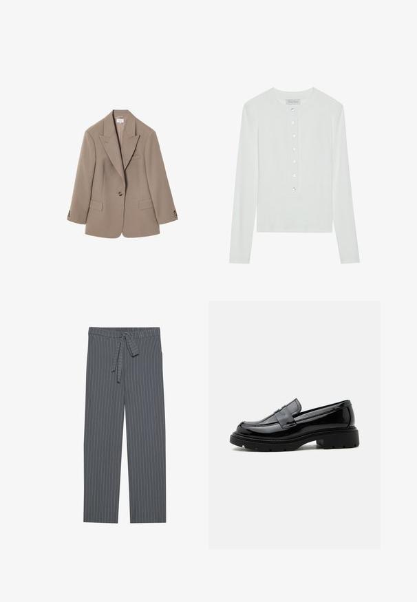 Brun skræddersyet blazer med knapkrave, to frontlommer, enkelt knaplukning og detaljer i guldfarvet hardware. Klassisk pasform.; Hvid langærmet top lavet af ribbet stof, med en rund halsudskæring og en knaplukning foran med seks klare knapper.; Grå stribede bukser med elastisk talje, bindebånd og løs pasform. Lavet af et glat stof, de har lodrette striber.; Sort skinnende læderloafer med kraftig sål og pennyrem, vist i sideprofil på en ensfarvet hvid baggrund.
