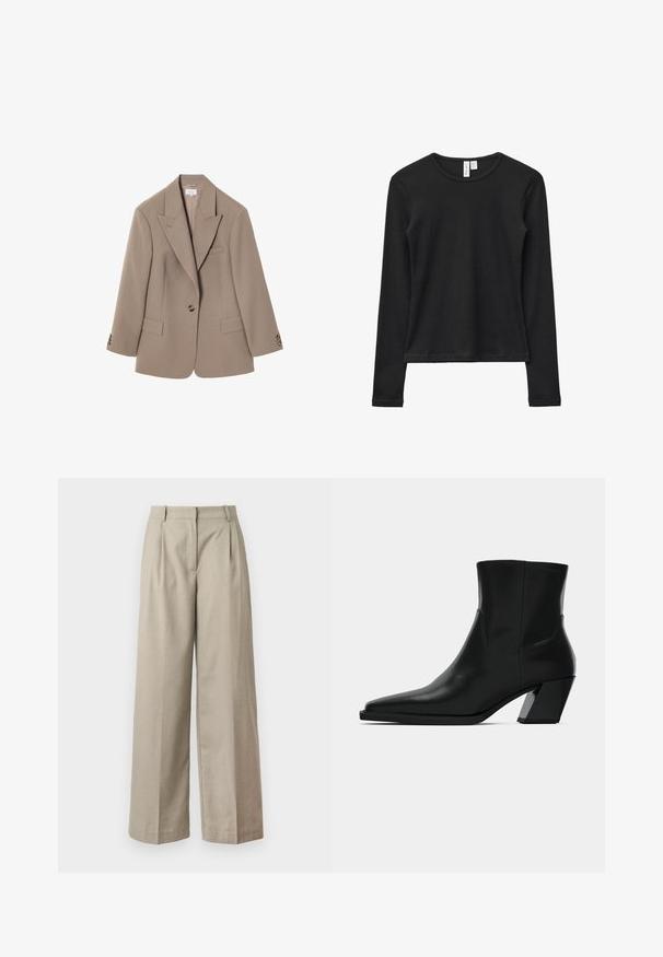 Brun skræddersyet blazer med knapkrave, to frontlommer, enkelt knaplukning og detaljer i guldfarvet hardware. Klassisk pasform.; Langærmet sort T-shirt lavet af blødt stof, med rund hals og et simpelt design, uden synlige mønstre eller pynt.; Bage brede bukser lavet af glat stof, med en tætsiddende talje, læg og en løs pasform gennem benene. Enkel design og rene linjer.; Sortlæder ankelstøvle med spids tå, en slank silhuet og en kraftig firkantet hæl. Glat tekstur med minimale stikninger.