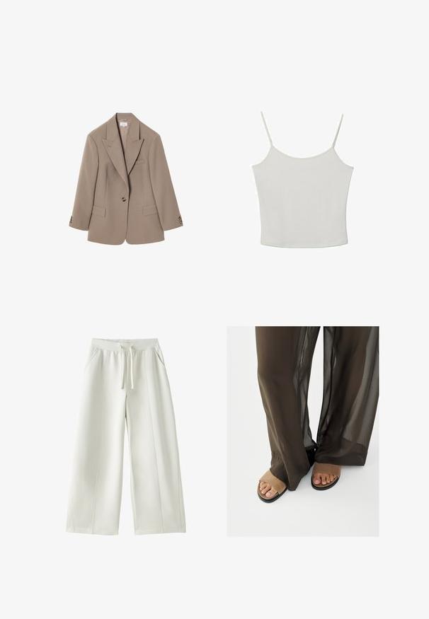 Blazer marron sur mesure avec un col à revers, deux poches avant, fermeture à un bouton et détails en métal doré. Design classique.; Stradivarius TOP - Débardeur - beige; Pantalon blanc à jambes larges avec taille élastique, cordon de serrage à l'avant, poches latérales, et détails de coutures visibles sur un fond uni.; Pieds en sandales ouvertes en suède beige partiellement recouverts par un pantalon large en tissu transparent marron foncé sur fond blanc.