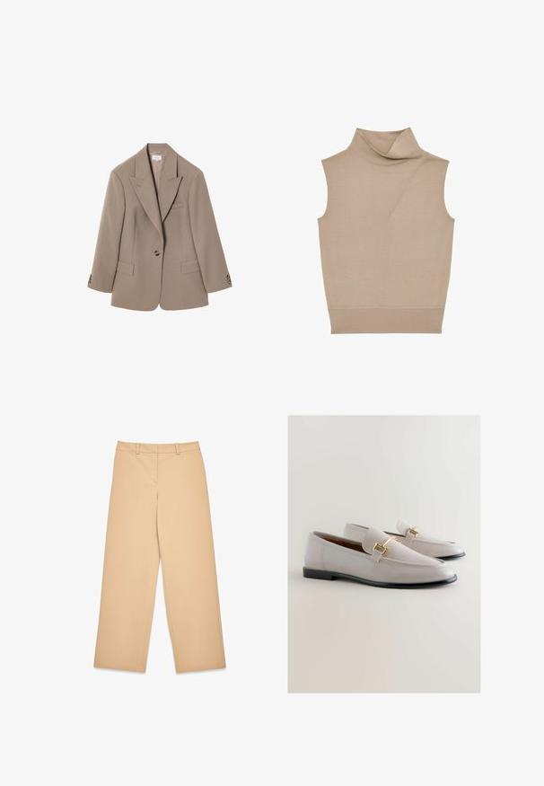Brun skræddersyet blazer med knapkrave, to frontlommer, enkelt knaplukning og detaljer i guldfarvet hardware. Klassisk pasform.; Ærmeløs beige rullekrave-sweater med en subtil diagonal sømdetalje foran og bred ribkant.; Beige vidde bukser lavet af glat stof, med en mellemhøj talje, bæltesløjfer og frontfald detaljer for et skræddersyet udseende.; Lys grå læder loafers med spids tå, der har en guldtonet metalaccent og en lav sort hæl. Glat tekstur, minimalistisk design.