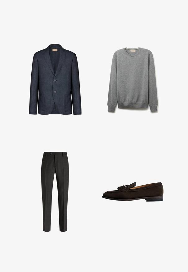 Mørkeblå linnedblazer med hakket krave, to knapper og to forlommer, med glat tekstur og minimalistisk design.; Grå crew-neck sweater lavet af blødt strikket materiale, med lange ærmer og ribbede manchetter og kant, besidder en glat overflade og minimalistisk design.; Boggi Milano Chino - charcoal; Brune ruskinds loafers med frynse detaljer, rund tå, læderforing og en stablet hæl. Udstyret med tonal syning og sidelufter.