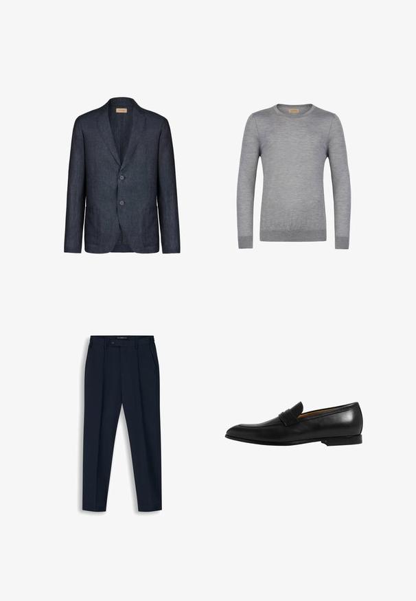 Mørkeblå linnedblazer med hakket krave, to knapper og to forlommer, med glat tekstur og minimalistisk design.; Grå langærmet sweater lavet af blødt stof, med rund halsudskæring og ribstrikkede ærmekanter. Enkel design uden mønstre eller detaljer.; Marineblå formelle bukser med knap- og lynlås lukning, bæltestropper, sidelommer og et lige ben fit.; Sort læderloafer med et elegant design, let spids tå og et dekorativt bånd over vamps. Glat tekstur og solid sål.