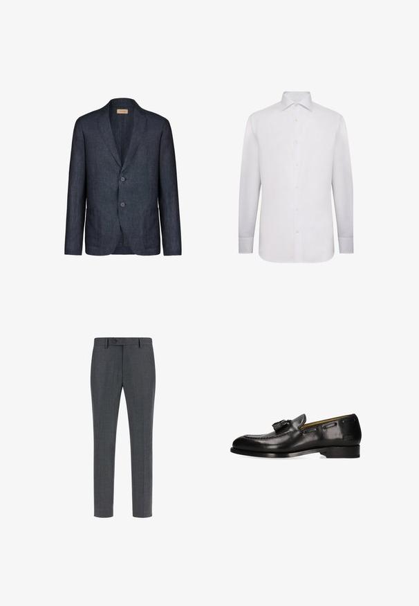 Mørkeblå linnedblazer med hakket krave, to knapper og to forlommer, med glat tekstur og minimalistisk design.; Hvid langærmet skjorte lavet af glat stof. Har en klassisk krave, fuld knaplukning og knapmanchetter. Ingen mønstre eller udsmykninger.; Mørkegrå skræddersyede bukser i en tekstureret uldblanding, med flad front, sidelommer og enkelt knaplukning. Slim fit design.; Sort læder herreloafer med kvaster på toppen og lav, stablet hæl, sidepræget mærkelogo og mokkasinstikning.