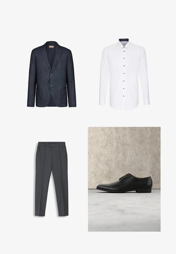 Mørkeblå linnedblazer med hakket krave, to knapper og to forlommer, med glat tekstur og minimalistisk design.; Hvid langærmet skjorte med en tætsiddende pasform. Har en struktureret krave, mørke knapper, og en tekstureret marineblå foring i kraven.; Mørkegrå, skræddersyede herrebukser med for-plocher, bæltestropper, sidelommer og lukning i taljen med knap.; Sorte læderdress sko med en glat finish, rund tå, lav hæl og snørelukning. Har minimalistiske detaljer for et elegant udseende.