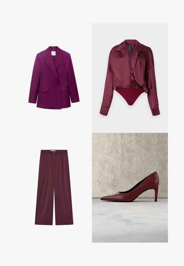 Blazer ajusté violet avec revers à cran, fermeture à un bouton, deux poches avant et texture lisse.; Body en satin bordeaux avec un décolleté en V profond, manches longues et taille cintrée, doté d'un dos string. Texture lisse et finition élégante.; Pantalons bordeaux à taille haute et jambes larges avec plis avant, passants de ceinture, fermeture à bouton et fermeture éclair cachée.; Chaussure à talon haut unique de couleur rouge foncé à bout pointu, posée sur un sol clair et réfléchissant, près d'un organiseur de dossiers en métal.