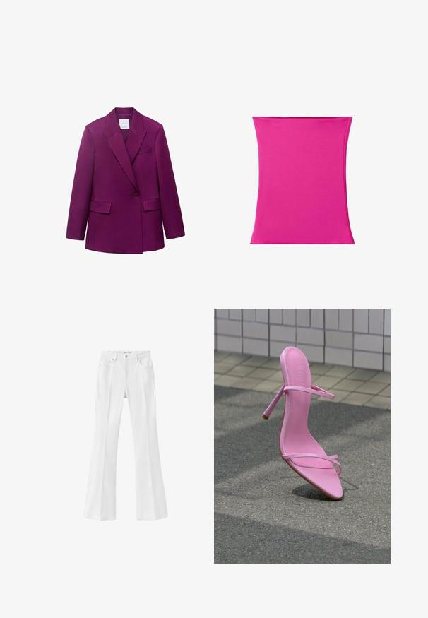 Blazer ajusté violet avec revers à cran, fermeture à un bouton, deux poches avant et texture lisse.; Tissu rectangulaire rose vif avec des côtés légèrement incurvés sur fond blanc, affichant une texture lisse et des bords cousus.; Jean blanc évasé à taille haute avec bouton frontal, passants pour ceinture et design à cinq poches sur fond uni.; Sandale à talon haut rose avec des lanières fines, posée verticalement sur une surface en asphalt contre un mur carrelé.