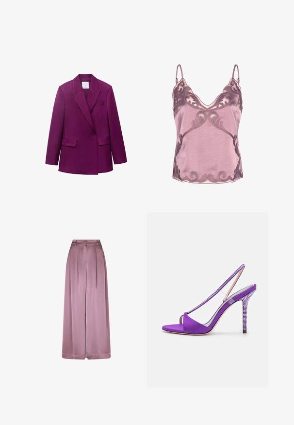 Blazer ajusté violet avec revers à cran, fermeture à un bouton, deux poches avant et texture lisse.; Caraco en satin lavande avec une délicate broderie en dentelle foncée sur le décolleté, les côtés et l'ourlet, avec de fines bretelles réglables.; Pantalon taille haute, jambes larges, en satin mauve doux avec des plis devant, passants pour ceinture et fermeture avant invisible.; GEDEBE BELMA - Sandales - purple