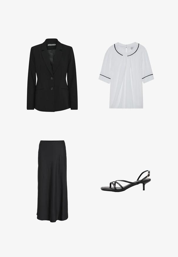 Blazer negro con un corte estructurado, diseño de un solo botón, solapas con muesca, dos botones en la parte delantera y bolsillos laterales. Textura de tela suave.; Blusa blanca de manga corta con escote redondo, con ribete negro en el cuello y las mangas, y un cierre de ojal en la parte posterior.; Falda larga negra confeccionada en una tela suave y ligera. Presenta una silueta sencilla en línea A con un dobladillo ligeramente acampanado y sin cierres visibles.; Sandalia negra de tiras con talón descubierto, tacón bajo tipo kitten y puntera cuadrada, con una hebilla dorada en la correa del tobillo.