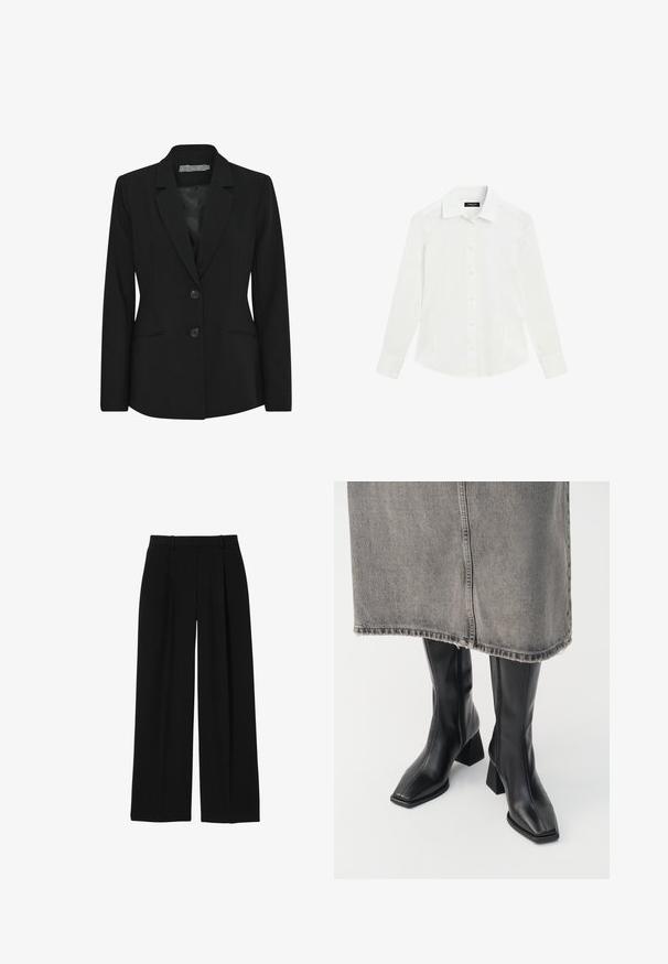 Sort blazer med en struktureret pasform, enkeltradet design, klapkrave, to frontknapper og sidelommer. Glat stofstruktur.; Hvid langærmet skjorte med krave og manchetter, vist fladt på en hvid baggrund.; Sorte vidde bukser med høj talje, bæltestropper og forreste folder, vist på en hvid baggrund.; Sorte knæhøje støvler i glat læder med firkantet tå og blokeret hæl. Båret med en grå denimnederdel med flosset kant.