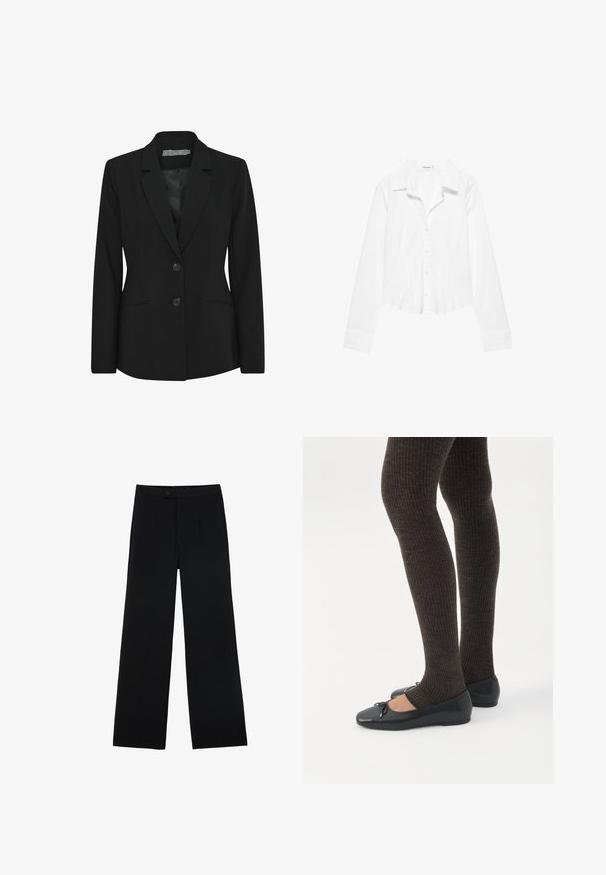 Blazer noir avec une coupe structurée, design à un seul bouton, revers crantés, deux boutons avant et poches latérales. Texture de tissu lisse.; Chemise blanche à manches longues avec col, taille légèrement cintrée et poignets boutonnés, présentée sur fond blanc.; Pantalons noirs à jambes larges en tissu lisse, dotés d'une fermeture à bouton à l'avant et de deux plis pour un détail supplémentaire. Design ajusté dans l'ensemble.; Jambes portant des leggings côtelés foncés associés à des ballerines noires avec de petits détails en nœud sur fond blanc.