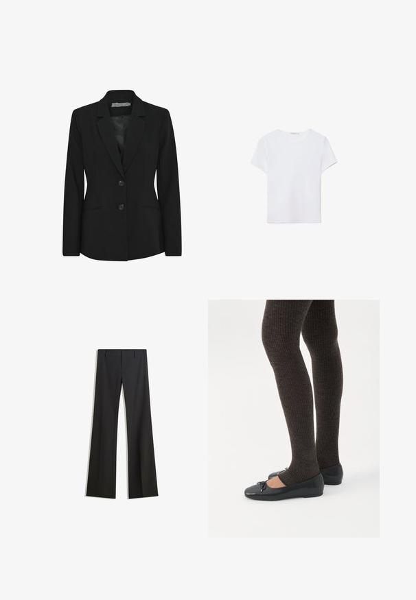 Sort blazer med en struktureret pasform, enkeltradet design, klapkrave, to frontknapper og sidelommer. Glat stofstruktur.; Hvid kortærmet t-shirt lavet af blødt stof. Har en rund halsudskæring og et simpelt, rent design med en lige underkant.; Sorte, flarede bukser med en glat tekstur, der har en skræddersyet pasform og en talje. Ingen synlige mønstre eller udsmykninger.; Ben iført mørke ribbede leggings kombineret med sorte balletsko med små sløjfedetaljer på hvid baggrund.