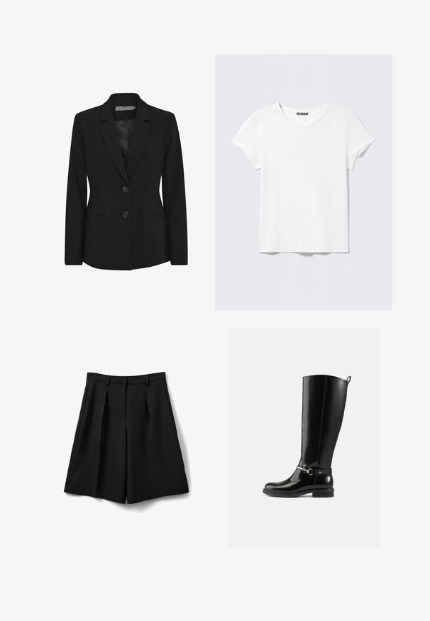 Blazer negro con un corte estructurado, diseño de un solo botón, solapas con muesca, dos botones en la parte delantera y bolsillos laterales. Textura de tela suave.; Camiseta blanca lisa de manga corta y cuello en V, con una pequeña etiqueta "WEEKDAY" en el interior del cuello, mostrada sobre un fondo gris claro.; Pantalones cortos negros a la altura de la rodilla, confeccionados a medida, con trabillas para cinturón, pliegues delanteros y cierre frontal, colocados planos sobre un fondo blanco.; Botas negras hasta la rodilla hechas de cuero brillante, con un detalle de hebilla plateada en el tobillo y un diseño de punta redondeada. Suela plana.