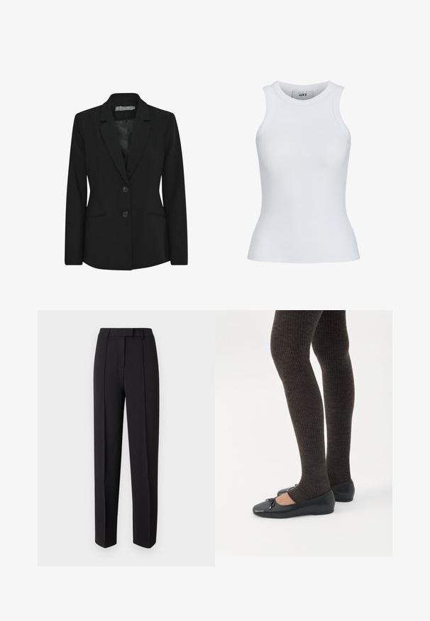Blazer negro con un corte estructurado, diseño de un solo botón, solapas con muesca, dos botones en la parte delantera y bolsillos laterales. Textura de tela suave.; Top sin mangas de canalé blanco con escote redondeado y diseño sin mangas. Cuenta con un corte ajustado y una textura suave, ideal para llevar en capas.; Pantalones negros a medida con una textura suave, que presentan un corte recto, trabillas para cinturón y dos pinzas delanteras para un detalle adicional.; Piernas con leggings oscuros acanalados combinados con bailarinas negras que presentan pequeños detalles de lazo sobre un fondo blanco.