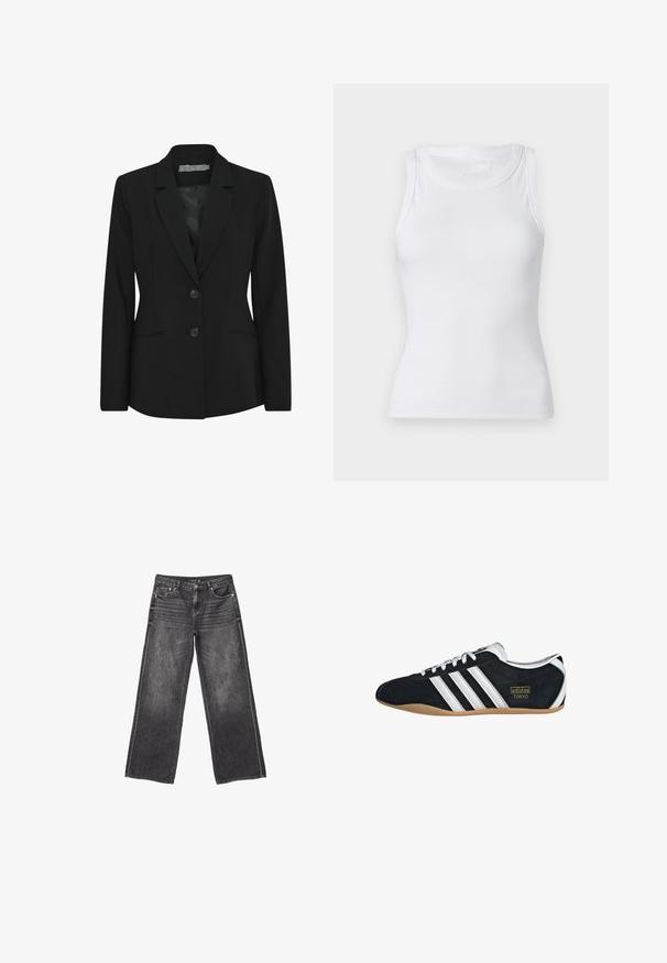 Blazer noir avec une coupe structurée, design à un seul bouton, revers crantés, deux boutons avant et poches latérales. Texture de tissu lisse.; Débardeur blanc à côtes avec un col rond et sans manches. Le matériau semble lisse avec une silhouette ajustée. Pas de motifs ni d'accents visibles.; Jean en denim gris foncé à jambes larges avec poches avant et arrière, fermeture à bouton et dégradé subtil.; Sneakers en suede noir avec trois bandes blanches, logo doré et semelle en caoutchouc marron. Présente un design à lacets à profil bas.