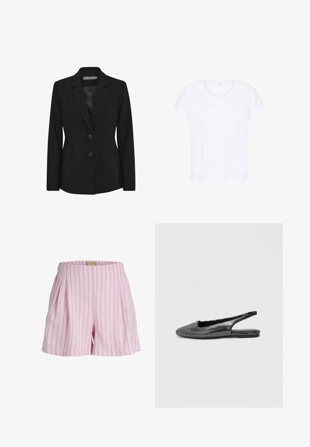 Blazer negro con un corte estructurado, diseño de un solo botón, solapas con muesca, dos botones en la parte delantera y bolsillos laterales. Textura de tela suave.; Camiseta blanca de mujer de manga corta y cuello redondo, con dobladillo recto y tela lisa, presentada sobre un fondo blanco liso.; Pantalones cortos rosas con rayas rojas verticales, una pretina ajustada y plisados en la parte delantera.; Zapatos planos slingback en negro y plata, con una parte superior texturizada y con patrón que incorpora pedrería y un diseño de punta afilada.