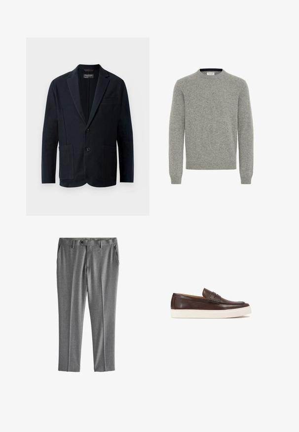 Blazer negro de hombre con solapas de muesca, dos botones, dos bolsillos frontales con parche y un bolsillo en el pecho, exhibido sobre un fondo blanco.; Suéter gris de cuello redondo hecho de tela de punto suave, con mangas largas y puños y dobladillo acanalados. Diseño sencillo y clásico en general.; Pantalones formales grises con trabillas para cinturón, cierre frontal con botones y bolsillos laterales, mostrados planos sobre fondo blanco.; Zapato marrón de piel tipo slip-on con un acento trenzado en el empeine y una suela de goma blanca. Presenta una punta redondeada y un acabado suave.