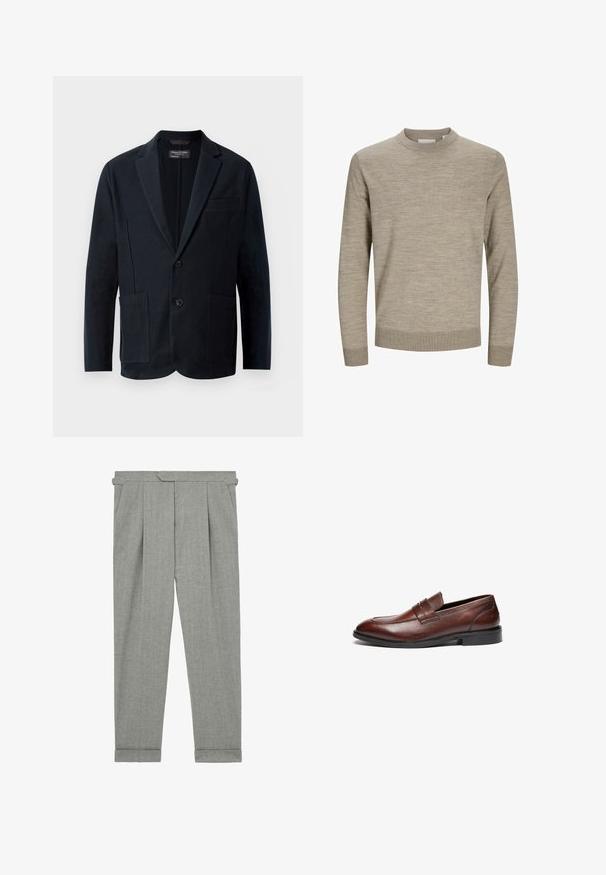 Blazer negro de hombre con solapas de muesca, dos botones, dos bolsillos frontales con parche y un bolsillo en el pecho, exhibido sobre un fondo blanco.; Suéter beige de manga larga con cuello redondo, puños y dobladillo acanalados, exhibido sobre un fondo blanco.; Pantalones grises ajustados con pliegues en la parte frontal, piernas entalladas, bolsillos laterales y puños doblados. Fabricados con un tejido texturizado para un aspecto estructurado.; Mocasines de cuero marrón con un acabado suave, puntera redondeada, tira decorativa y suela de goma negra. Presentan un detalle de costura mínima.