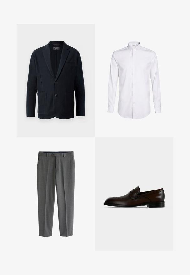 Blazer negro de hombre con solapas de muesca, dos botones, dos bolsillos frontales con parche y un bolsillo en el pecho, exhibido sobre un fondo blanco.; Camisa blanca de manga larga hecha de algodón. Presenta un cuello apuntado, cierre frontal completo con botones y mangas con puños. Textura suave, sin patrones.; Pantalones de vestir grises a medida para hombre con bolsillos laterales, trabillas para cinturón y cierre con botón en la cintura.; Mocasín de cuero marrón oscuro para hombre con parte superior texturizada y tacón bajo negro sobre un fondo liso gris claro.
