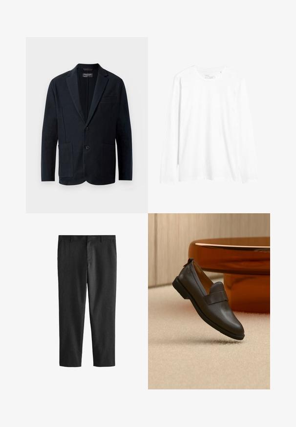 Blazer negro de hombre con solapas de muesca, dos botones, dos bolsillos frontales con parche y un bolsillo en el pecho, exhibido sobre un fondo blanco.; Camiseta de manga larga blanca confeccionada en algodón. Presenta un escote redondo, corte ajustado y aberturas laterales en el dobladillo. Diseño sencillo sin patrones.; Pantalones negros ajustados, confeccionados con una tela ligera y texturizada. Presentan un frente plano, pasadores para cinturón y bolsillos laterales.; Mocasín de cuero marrón oscuro con un tacón bajo flotando sobre una alfombra beige, junto a una mesa brillante, redondeada y de color ámbar.